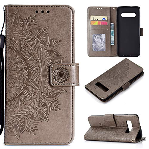 EYZUTAK Mandala Handyhülle für Samsung Galaxy S10 Plus,Ultra Slim Flip Case mit Kartensteckplatz Magnetverschluss,Prägung PU Leder Klapphülle, Hülle mit Standfunction und Lanyard,Klappbar Motiv-Grau von EYZUTAK