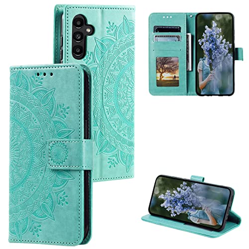 EYZUTAK Mandala Handyhülle für Samsung Galaxy S24 5G,Slim Flip Case mit Kartensteckplatz Magnetverschluss,Prägung PU Leder Klapphülle mit Standfunction und Lanyard,Klappbar Motiv-Grün von EYZUTAK