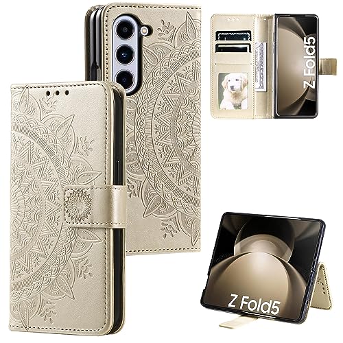 EYZUTAK Mandala Handyhülle für Samsung Galaxy Z Fold 5 5G,Ultra Slim Flip Case mit Kartensteckplatz Magnetverschluss,Prägung PU Leder Klapphülle,Hülle mit Standfunction und Lanyard,Klappbar Motiv-Gold von EYZUTAK