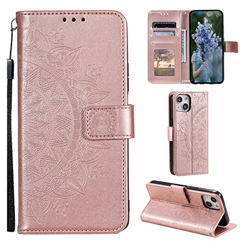 EYZUTAK Mandala Handyhülle für iPhone 14 Plus 6.7,Ultra Slim Case mit Kartensteckplatz Magnetverschluss,Prägung PU Leder Klapphülle,Hülle mit Standfunction und Lanyard,Klappbar Motiv-Roségold von EYZUTAK