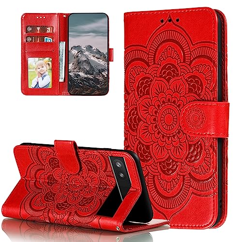 EYZUTAK Mandala Hülle für Google Pixel 6A,Premium PU Leder Flip Brieftasche Kartenfächern Holder Magnetic Ständer Schutzhülle Handyhülle Ultra Slim Case mit Lanyard Klapphülle für Google 6a-Rot von EYZUTAK