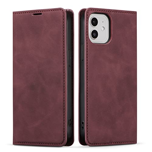 EYZUTAK Premium PU Leder Flip Folio Hülle für iPhone 11, Schutzhülle mit Kickstand, Kartenfach, versteckter Magnetverschluss, stoßfest Wallet Cover für iPhone 11 6,1 Zoll - Weinrot von EYZUTAK