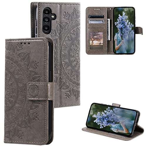 EYZUTAK Schutzhülle für Samsung Galaxy A54 5G, Premium-Leder-Klapphülle mit 3 Kartenfächern, 1 Geldfach, Ständer, Handschlaufe, Mandala, halbes Blumendesign, geprägt, stoßfeste Abdeckung, Grau von EYZUTAK