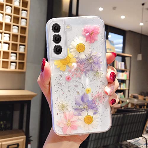 EYZUTAK Schutzhülle für Samsung Galaxy S22 5G, Bling Glitter Pailletten handgefertigt echte getrocknete Blume Blatt eingebettet gepresste Blumen Flexible weiche Gummi Gel TPU Schutzhülle Bumper Back von EYZUTAK