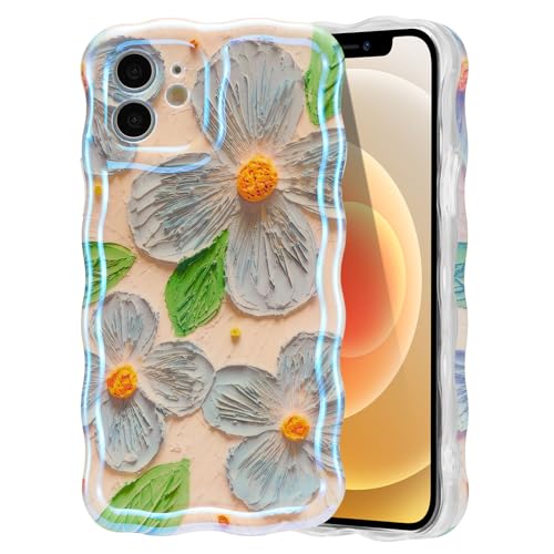 EYZUTAK Schutzhülle für iPhone 11, bunter Retro-Ölgemälde-Laserdruck, Blume, Blätter, glänzendes Muster, niedlich, Wellenrand, exquisite Handyhülle, stilvoll, haltbares TPU, für Damen, Blau Nr. 3 von EYZUTAK