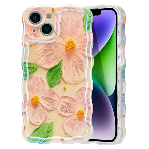 EYZUTAK Schutzhülle für iPhone 15, bunter Retro-Ölgemälde-Laserdruck, Blume, Blätter, glänzendes Muster, niedlich, Wellenrand, exquisite Handyhülle, stilvoll, haltbares TPU, für Damen, Rosa Nr. 3 von EYZUTAK