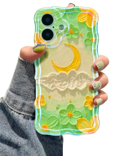 EYZUTAK Schutzhülle für iPhone 16, Design im Stil bunter Retro-Ölmalerei mit Blumen, Mond, lasergeschnitten, hübscher Wellenrand, stilvolle haltbare TPU-Schutzhülle, für Mädchen, Damen, Mond/Grün EYZUTAK Schutzhülle für iPhone 16, Design im Stil bunter Retro-Ölmalerei mit Blumen, Mond, lasergeschnitten, hübscher Wellenrand, stilvolle haltbare TPU-Schutzhülle, für Mädchen, Damen, Mond/Grün von EYZUTAK