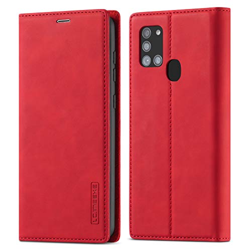 EYZUTAK Vintage Lederhülle für Samsung Galaxy A21S, Magnetverschluss Premium PU Leder Flip Case mit Kartenfache Brieftasche Standfuntion Stoßfeste Weiche TPU Retro Ledertasche - Rot von EYZUTAK
