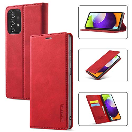 EYZUTAK Vintage Lederhülle für Samsung Galaxy A52/A52S 5G, Magnetverschluss Premium PU Leder Flip Case mit Kartenfache Brieftasche Standfuntion Stoßfeste Weiche TPU Retro Ledertasche -Rot von EYZUTAK