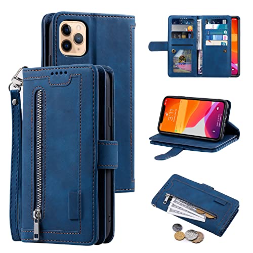 EYZUTAK Wallet Phone Case for iPhone 14 Pro, Retro Matte 9 Card Holder Slots Zipper Pocket Case PU Leather Magnetic Closure Kickstand with Wrist Strap Folio Flip Case - Blue von EYZUTAK