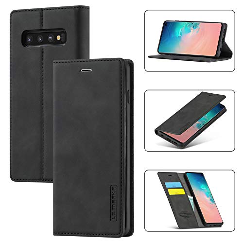 EZYUTAK Vintage Lederhülle für Samsung Galaxy S10 Plus, Magnetverschluss Premium PU Leder Flip Case mit Kartenfache Brieftasche Standfuntion Stoßfeste Weiche TPU Retro Ledertasche - Schwarz von EYZUTAK