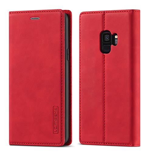 EZYUTAK Vintage Lederhülle für Samsung Galaxy S9 Plus, Magnetverschluss Premium PU Leder Flip Case mit Kartenfache Brieftasche Standfuntion Stoßfeste Weiche TPU Retro Ledertasche - Rot von EYZUTAK