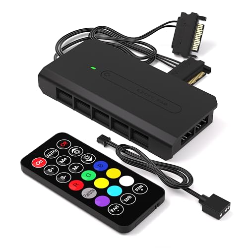 EZDIY-FAB 10 Ports RGB Fan Hub-I für PC-Gehäuselüfter,Unterstützt 6-pin EZDIY-FAB RGB-Lüfter,mit 2X 5V 3Pin Ports für ARGB-Geräte,mit SATA-Stromkabel und Fernbedienung,Motherboard Sync von EZDIY-FAB