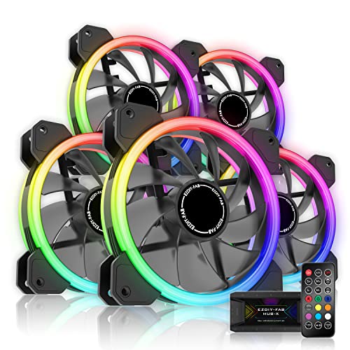 EZDIY-FAB Neue Dual Ring RGB Lüfter 120mm, RGB LED Gehäuselüfter,adressierbare RGB Motherboard Synchronisierung mit Hub X und Remote-5 Pack von EZDIY-FAB