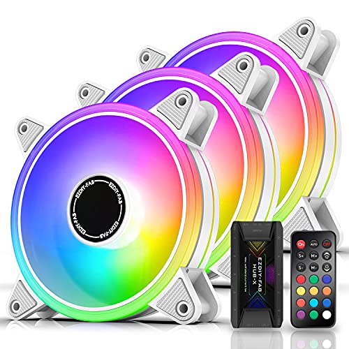 EZDIY-FAB Weiß Moonlight RGB Gehäuselüfter 120mm mit Lüfter Hub X und Fernbedienung,5V 3Pin RGB Motherboard Sync,ARGB Lüfter für PC Gehäuse -3 Pack von EZDIY-FAB