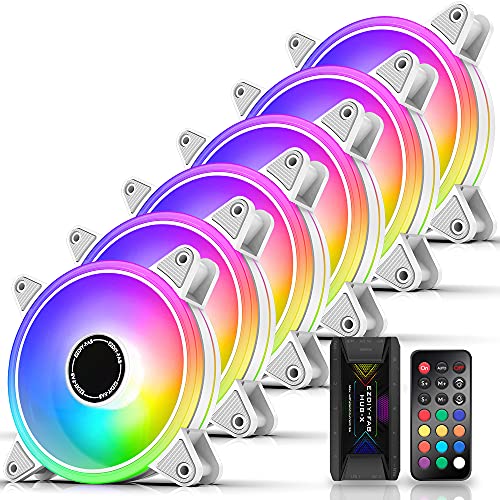 EZDIY-FAB Weiß Moonlight RGB Gehäuselüfter 120mm mit Lüfter Hub X und Fernbedienung,5V 3Pin RGB Motherboard Sync,ARGB Lüfter für PC Gehäuse -6 Pack von EZDIY-FAB