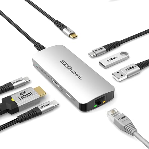 EZQuest USB-C-Multimedia-Hub 7 in 1 mit HDMI 4K, 1 Gbit/s Ethernet, 100 Watt USB-C-Stromversorgung/5 Gbit/s Daten, 2 USB-C-Anschlüssen, 2 USB-A-3.0-Anschlüssen, kompatibel mit USB-C-Computern von EZQuest