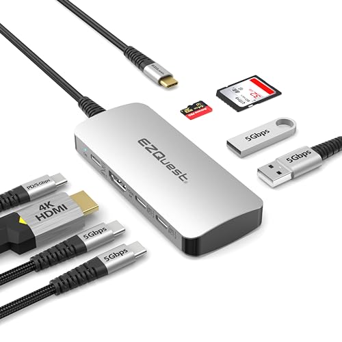 EZQuest USB-C-Multimedia-Hub 8 in 1 mit HDMI 4K, 100 Watt USB-C-Stromversorgung/5 Gbit/s Daten, 2 USB-C-Anschlüsse, 2 USB-A-3.0-Anschlüsse, SD/Micro-SD-kompatibel mit USB-C-Laptops von EZQuest