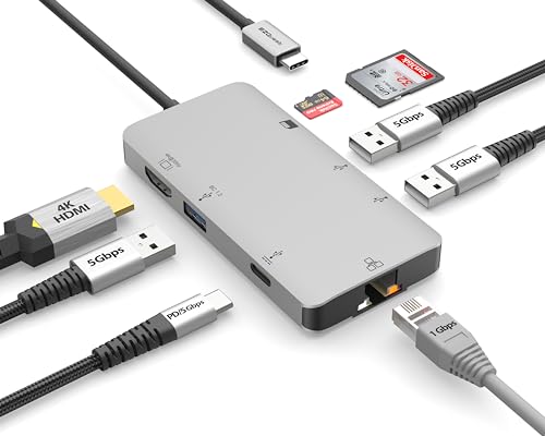 EZQuest USB-C Multimedia Hub Adapter 8 Anschlüsse (HDMI 4K 30Hz, 100W USB-C PD 3.0, Gigabit Ethernet, 3X USB 3.0, SD & Micro SD) für MacBook Air, MacBook Pro, XPS und mehr von EZQuest