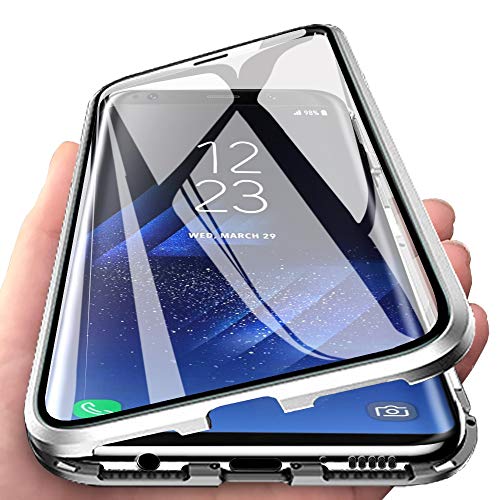 Eabhulie Galaxy S8 Hülle, Vollbildabdeckung Gehärtetem Glas mit Magnetischer Adsorptionskasten Metall Rahmen 360 Grad Komplett Schutzhülle für Samsung Galaxy S8 Silber von Eabhulie