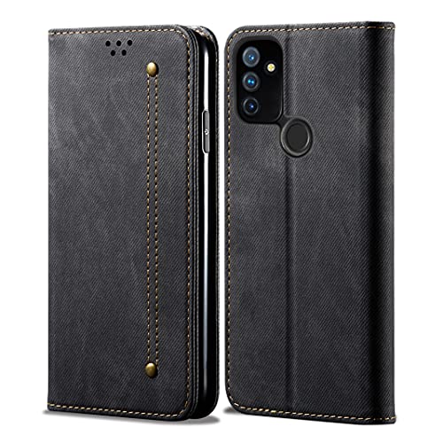 Eabhulie OnePlus Nord N100 Hülle, Denim Leder Brieftasche Magnetverschluss Flip Bookstyle Schutzhülle mit Standfunktion für OnePlus Nord N100 Schwarz von Eabhulie