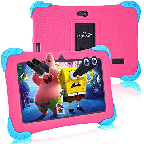 EagleSoar Kinder Tablet Android 12 Kindertablet 7 Zoll, Quad Core 2GB+32 GB, Dual-Kamera, HD-Display, WLAN, Bluetooth, Kindersicherung, Tablet für Kinder Ab 2-12 mit Kindersicherer Hülle(Rosa) von EagleSoar