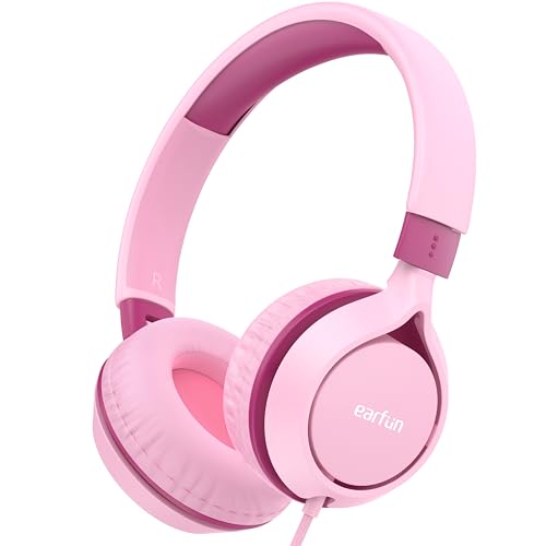 EarFun Kinder Kopfhörer, Kopfhörer Kinder mit Kabel, 85dB Lautstärkenbegrenzer, Superleicht, Faltbarer, Einstellbar, Stereoklang, 90 Grad drehbarer, On-Ear Kinderkopfhörer für Schule/Tablet, Rosa von EarFun