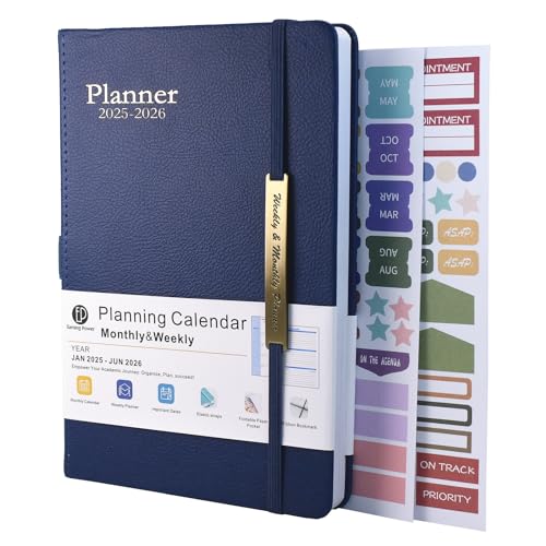 Terminplaner 2025-2026 - 18 Monate von Januar 2025 bis Mitte Jun.2026, A5 Wochenansicht, Wochen- & Monatsplaner mit Ledereinband, Stiftschlaufe, Innentasche (Blau) von Earning Power