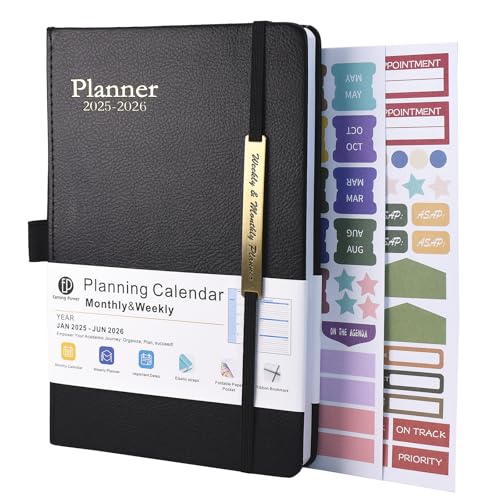 Terminplaner 2025-2026 - 18 Monate Terminplaner von Januar 2025 bis Mitte Jun.2026, A5 Wochenansicht, Wochen- & Monatsplaner mit Ledereinband, Stiftschlaufe, Innentasche (Schwarz) von Earning Power