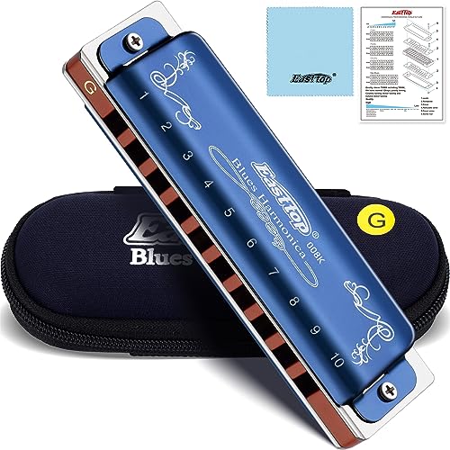 East Top Diatonische Mundharmonika Tonart G 10 Löcher 20 Töne 008K mit blauem Gehäuse, Blues Mundharmonikas für Erwachsene, Profispieler und Studenten East Top Diatonische Mundharmonika Tonart G 10 Löcher 20 Töne 008K mit blauem Gehäuse, Blues Mundharmonikas für Erwachsene, Profispieler und Studenten von East top