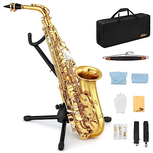 Eastar AS-Ⅱ Student Altsaxophon E Flat Goldlack Alto Anfänger Saxophon Komplettset mit Tragetasche für Saxophon, Mundstückriemen, Rohrblattständer von Eastar