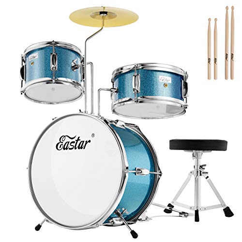 Eastar Schlagzeug 14" 3 PC, für 3-10 Jahre Kinde, Schlagzeug Set mit Snare, Tom, Bass Drum, Bass Drum Pedal, Thron, Becken, Drumsticks, Himmelblau von Eastar