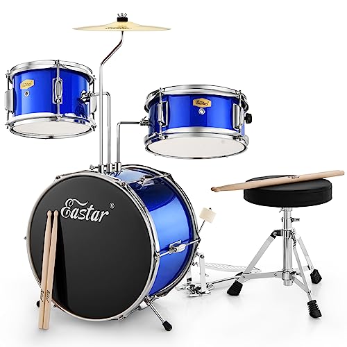 Eastar Schlagzeug 14" 3 PC, für 3-10 Jahre Kinde, Schlagzeug Set mit Snare, Tom, Bass Drum, Bass Drum Pedal, Thron, Becken, Drumsticks, Spiegel Blau von Eastar