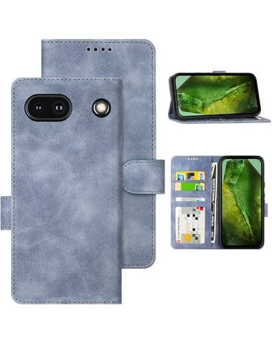 Eastcoo Hülle for Google Pixel 8a, [PU Leder Klapphüllen][3 Kartenfächer][Standfunktion] [Magnetverschluss] Stoßfeste Schützend Handyhüllen for Google Pixel 8a Hülle Case (Grau-blau) von Eastcoo