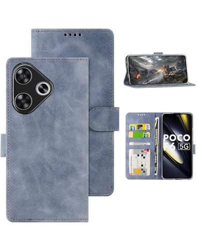 Eastcoo Hülle for Xiaomi Poco F6 5G, [PU Leder Klapphüllen][3 Kartenfächer][Standfunktion] [Magnetverschluss] Stoßfeste Schützend Handyhüllen for Xiaomi Poco F6 Hülle Case (Grau-blau) von Eastcoo