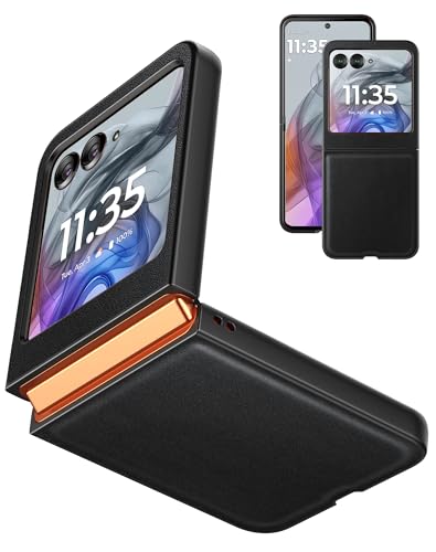 Eastcoo Slim Fit Moto Razr 50 Hülle, [Durable Leder Hard PC Rückseite][Wireless Ladeunterstützung] Ultra-dünne stoßfeste Schutzhülle für Motorola Razr 50/Moto 2024 5G, Schwarz von Eastcoo