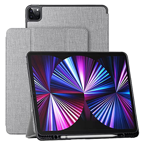 Hülle für iPad Pro 12.9 2021/2020 mit Stifthalter, Schützhülle für iPad Pro 12.9 5.Generation 2021, Soft TPU Rückseite Abdeckung [Trifold Ansichtsstand] [Auto Wake/Sleep] für iPad Pro 12.9, Grau von Eastcoo