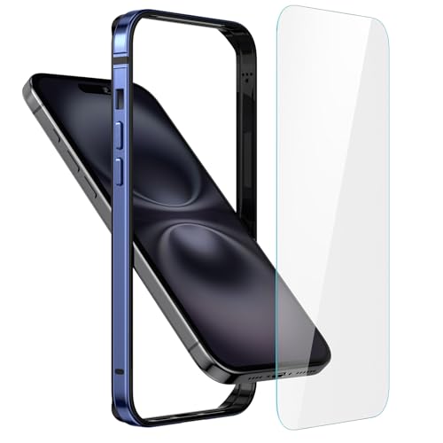 Metall Bumper Case für iPhone 16,Aluminium Rahmen Slim Case [Soft Inner Bumper][Erhöhter Randschutz] Stoßfester Bumper mit HD gehärtetem Glas Bildschirmschutz Abdeckung für iPhone 16 6.1 Zoll,blau von Eastcoo