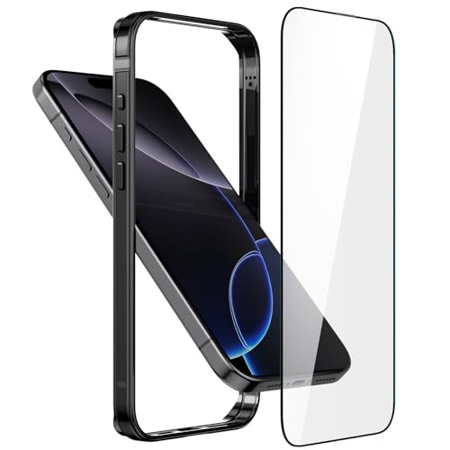 Metall Bumper Case für iPhone 16 Pro Max,Aluminium Rahmen Slim Case [Soft Inner Bumper][Erhöhter Randschutz] HD gehärtetes Glas Displayschutzfolie für iPhone 16 Pro Max 6.9 Zoll, Schwarz von Eastcoo