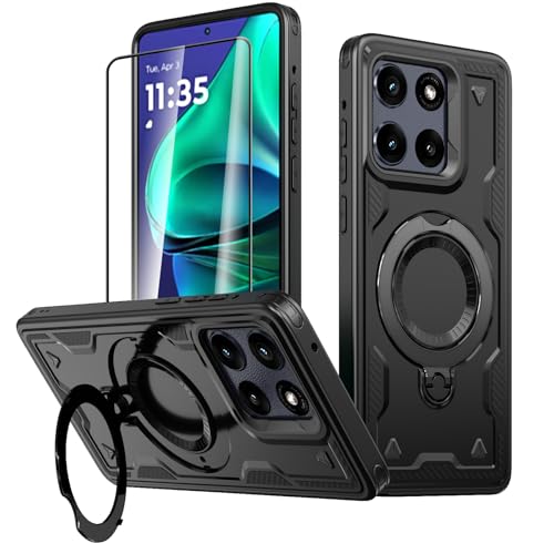Schutzhülle für Motorola Moto G Stylus 5G (2025) mit Displayschutzfolie, kompatibel mit MagSafe,[Militärqualität] Ringständer, weiches TPU-PC, stoßfest, robust, Schwarz von Eastcoo