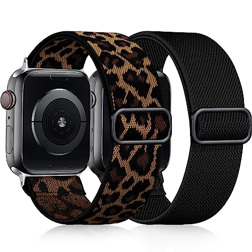 Easuny Elastisches Armand Kompatibel mit Apple Watch Armband 38mm 40mm 41mm, Verstellbares Weiches Nylon Band für iWatch Series 9 8 7 6 5 4 3 2 1 SE Ultra für Frauen Männer, Schwarz/Leopard von Easuny