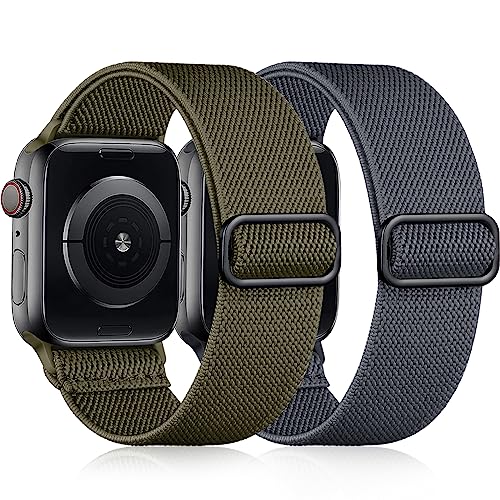 Easuny Elastisches Armand Kompatibel mit Apple Watch Armband 42mm 44mm 45mm 49mm, Verstellbares Weiches Nylon Band für iWatch Series 9 8 7 6 5 4 3 2 1 SE Ultra für Frauen Männer, Grau/Armee Grün von Easuny