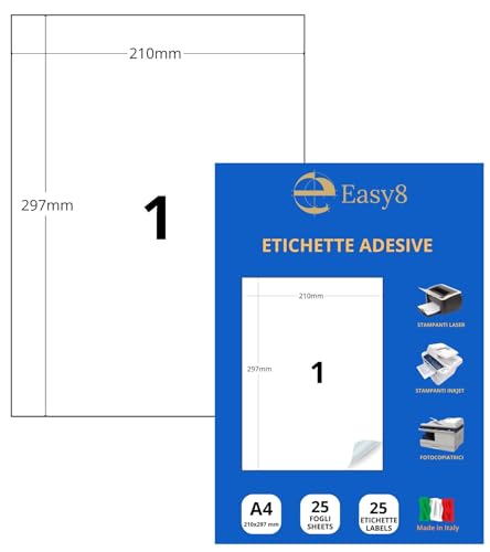 Easy8 210 x 297 25 Blatt, selbstklebende A4-Etiketten, selbstklebend, ohne Rand, bedruckbar, weiß, kompatibel mit allen Laserdruckern, Inkjet, Kopierer, 210 x 297 cm Easy8 210 x 297 25 Blatt, selbstklebende A4-Etiketten, selbstklebend, ohne Rand, bedruckbar, weiß, kompatibel mit allen Laserdruckern, Inkjet, Kopierer, 210 x 297 cm von Easy8