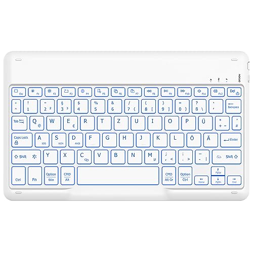 EasyAcc Bluetooth Tastatur, Tastatur kompatibel iPad Air/Pro/iPad 10/10.2/9.7/Samsung/Android, [QWERTZ] Deutsches Layout mit Hintergrundbeleuchtung, Hellweiß von EasyAcc