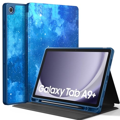 EasyAcc Hülle Book Cover für Samsung Galaxy Tab A9 Plus / A9+ 11 Zoll 2023 (SM-X210/ X215/ X216) mit Pencil Halter, Dünn Folio Ständer Tablet Schutzhülle, Multi-Winkel Betrachtung, Blauer Sterne von EasyAcc