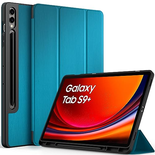 EasyAcc Hülle Kompatibel mit Samsung Galaxy Tab S9 FE+ Plus/S9 Plus 12,4 Zoll 2023 mit S Pen Halter - Ultra Dünn mit Standfunktion Slim PU Leder Schutzhülle,Pfauenblau von EasyAcc