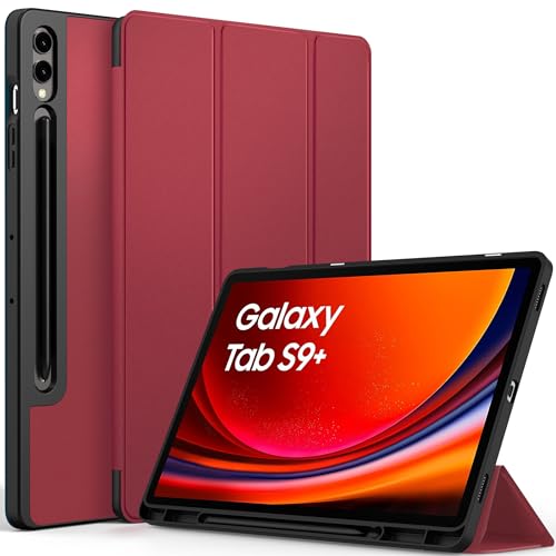 EasyAcc Hülle Kompatibel mit Samsung Galaxy Tab S9 FE+ Plus/S9 Plus 12,4 Zoll 2023 mit S Pen Halter - Ultra Dünn mit Standfunktion Slim PU Leder Schutzhülle,Rotwein von EasyAcc