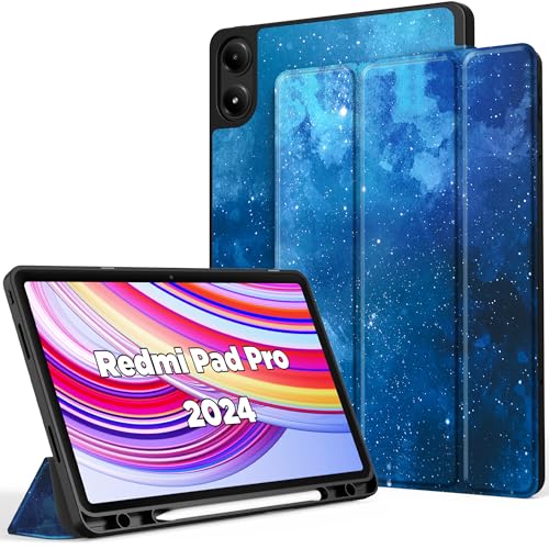 EasyAcc Hülle für Redmi Pad Pro 12.1 / Xiaomi Poco Pad 12.1 mit Stifthalter 2024, Ultradünne Schutzhülle aus TPU mit Standfunktion (Blauer Sternenhimmel) von EasyAcc