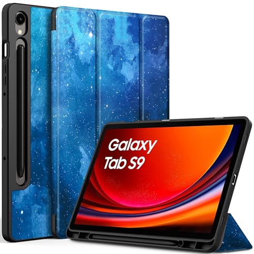 EasyAcc Hülle für Samsung Galaxy Tab S9 FE 10.9 Zoll/ S9 2023 11 Zoll mit S Pen Halter - Ultra Dünn mit Standfunktion Slim PU Leder Schutzhülle, Blauer Stern von EasyAcc