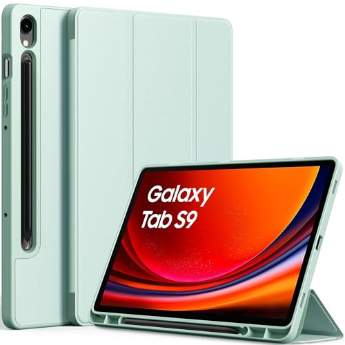 EasyAcc Hülle für Samsung Galaxy Tab S9 FE 10.9 Zoll/ S9 2023 11 Zoll mit S Pen Halter - Ultra Dünn mit Standfunktion Slim PU Leder Schutzhülle, Junge Blätter grün von EasyAcc